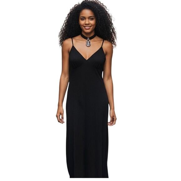 American Apparel Slip Bodycon Midi Dress L Black Ribbed Spaghetti Strap Feminine - Picture 1 of 8